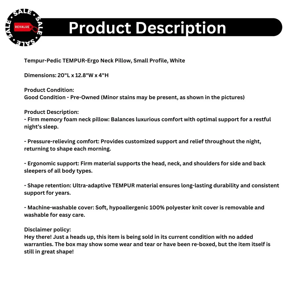 Medium Profile Neck Support Tempur Pedic Ergo Pillow White‎ 20x12.8x4
